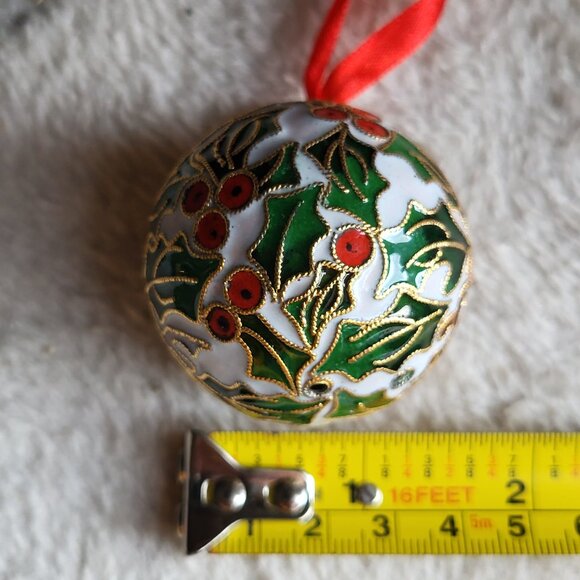 Vintage Cloisonné Style Christmas Ball Ornament White Green Red Gold trim GUC - Picture 4 of 5